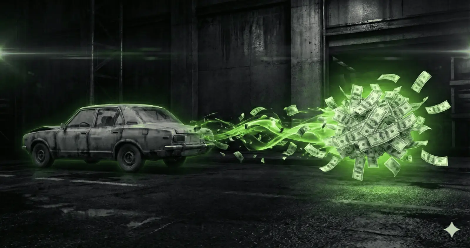 Tow truck hauling a junk car in a yard